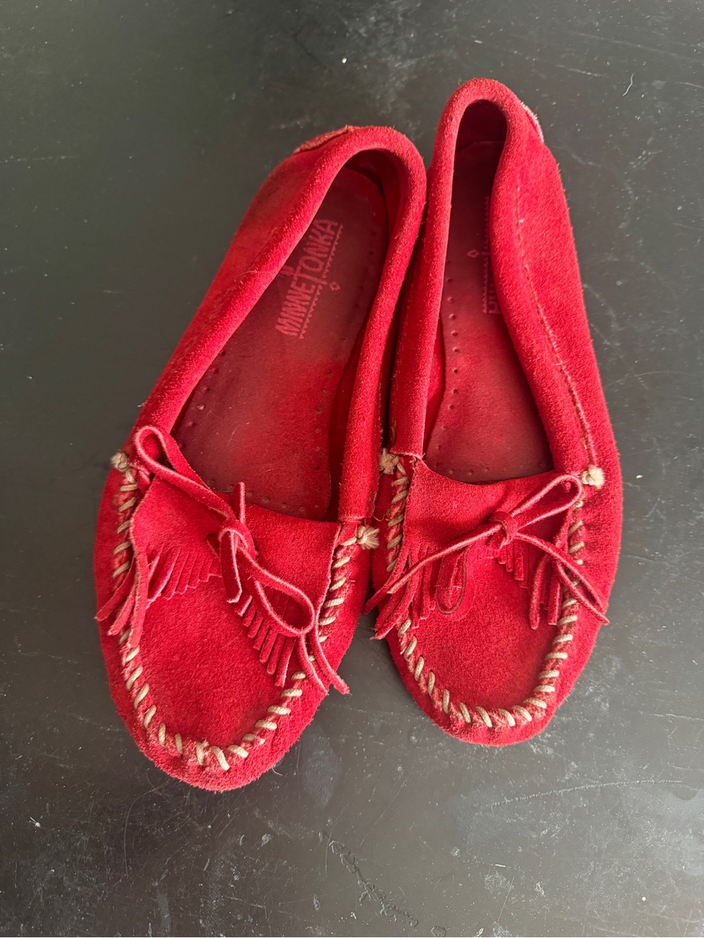 Minnetonka Red Suede Moccasin Loafers with Fringe